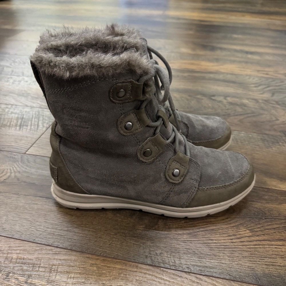 Sorel Explorer Joan Quarry Grey Suede Faux Fur Winter Boots Womens 9.5 Gorpcore